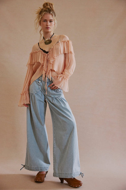 Retro mid-rise pleated loose-fitting tapered jeans