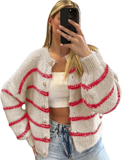 Women's striped long-sleeved button-down cardigan sweater