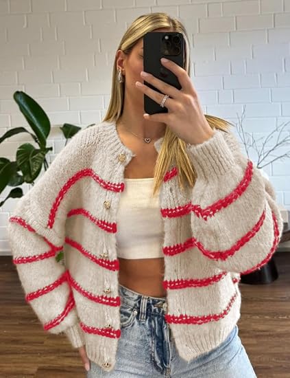 Women's striped long-sleeved button-down cardigan sweater