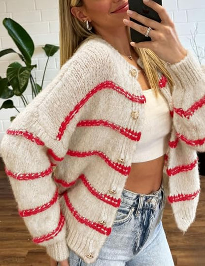 Women's striped long-sleeved button-down cardigan sweater
