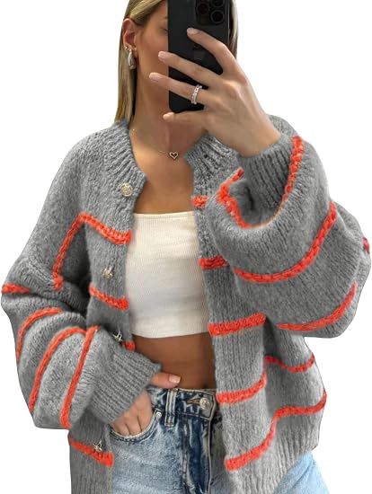 Women's striped long-sleeved button-down cardigan sweater