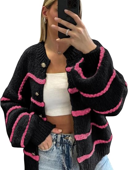 Women's striped long-sleeved button-down cardigan sweater