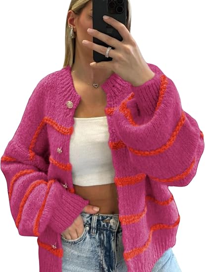 Women's striped long-sleeved button-down cardigan sweater
