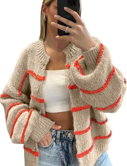 Women's striped long-sleeved button-down cardigan sweater