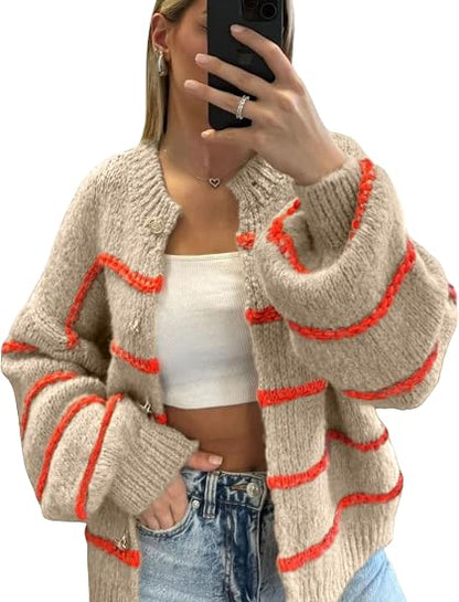 Women's striped long-sleeved button-down cardigan sweater