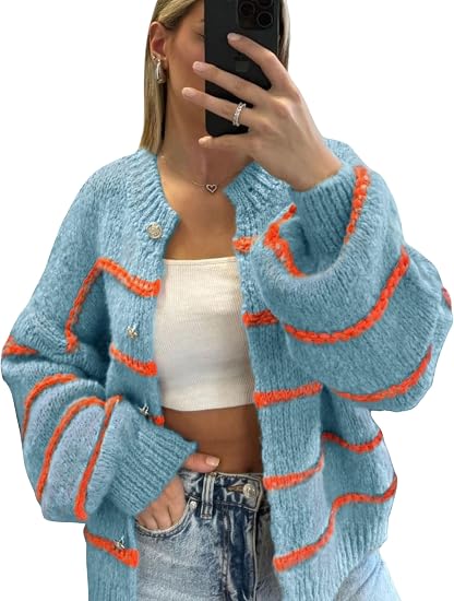 Women's striped long-sleeved button-down cardigan sweater