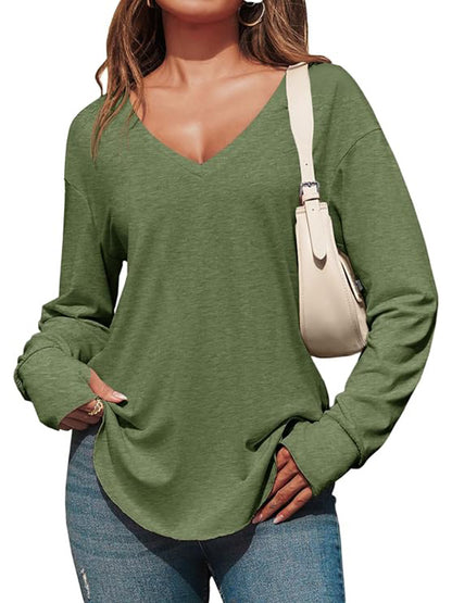 Women's Deep V-neck Long Sleeve Loose Casual Curved Hem T-shirt