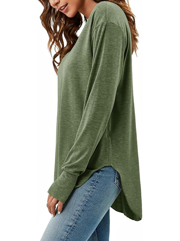 Women's Deep V-neck Long Sleeve Loose Casual Curved Hem T-shirt