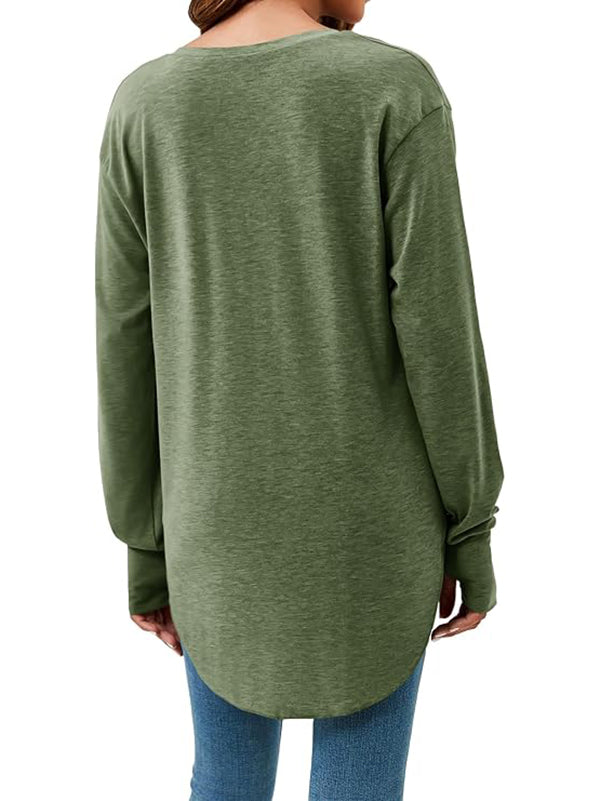 Women's Deep V-neck Long Sleeve Loose Casual Curved Hem T-shirt