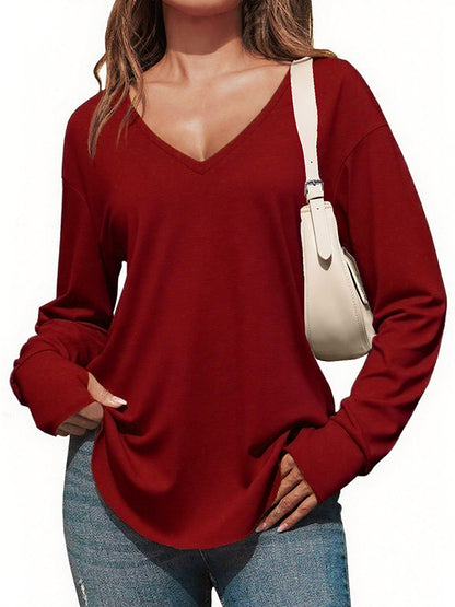 Women's Deep V-neck Long Sleeve Loose Casual Curved Hem T-shirt