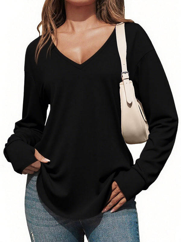 Women's Deep V-neck Long Sleeve Loose Casual Curved Hem T-shirt