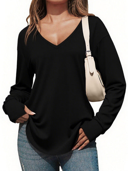 Women's Deep V-neck Long Sleeve Loose Casual Curved Hem T-shirt