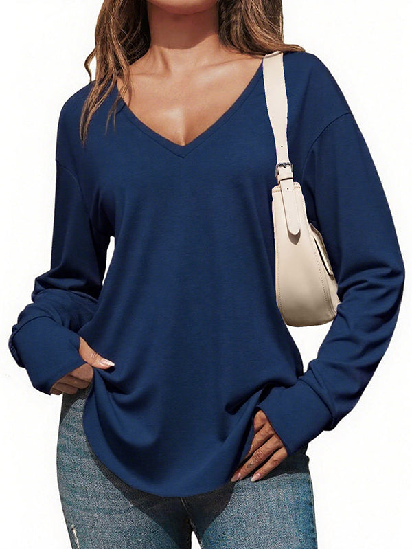 Women's Deep V-neck Long Sleeve Loose Casual Curved Hem T-shirt