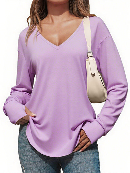Women's Deep V-neck Long Sleeve Loose Casual Curved Hem T-shirt