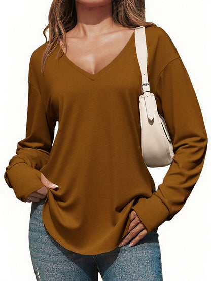 Women's Deep V-neck Long Sleeve Loose Casual Curved Hem T-shirt