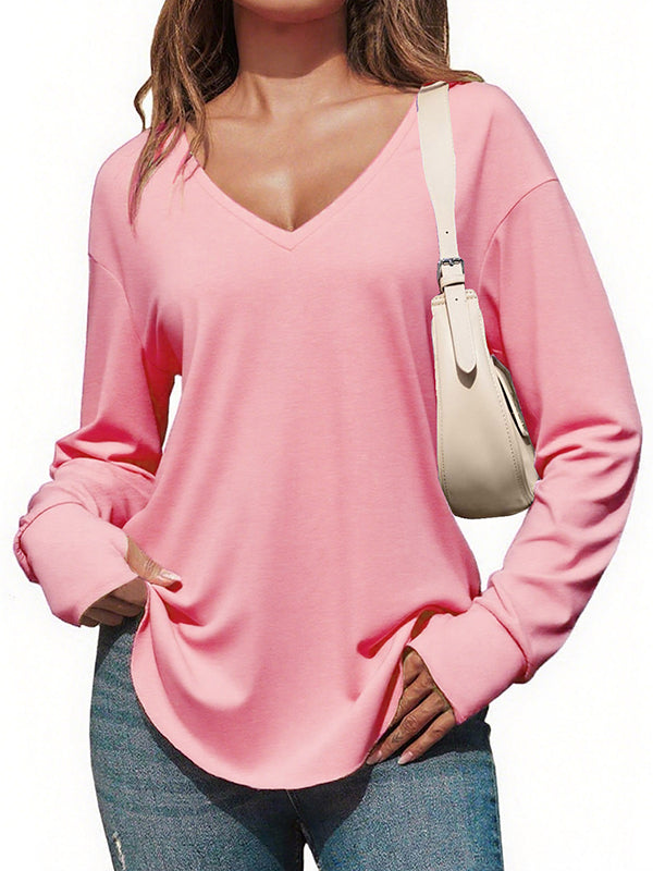 Women's Deep V-neck Long Sleeve Loose Casual Curved Hem T-shirt