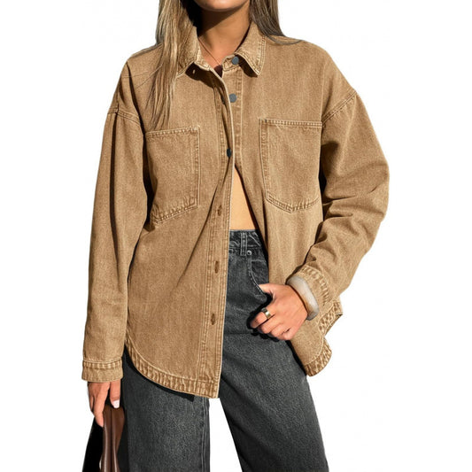 Women's oversized long-sleeved button-down vintage denim jacket