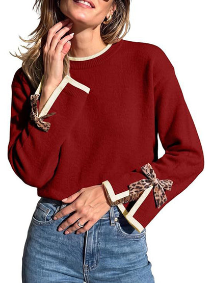 Women Contrast Trim Sweater with Leopard Bow Cuffs