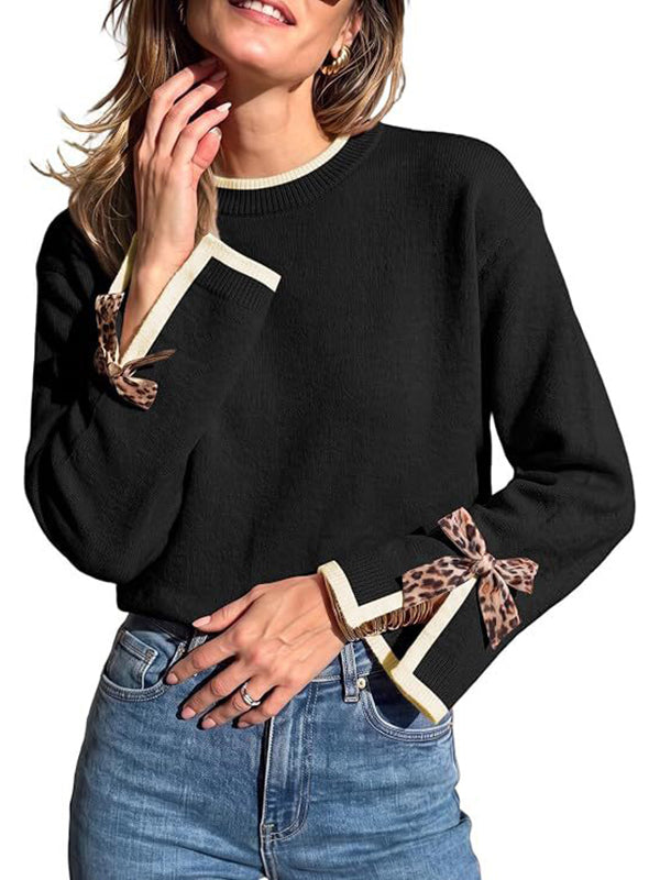 Women Contrast Trim Sweater with Leopard Bow Cuffs