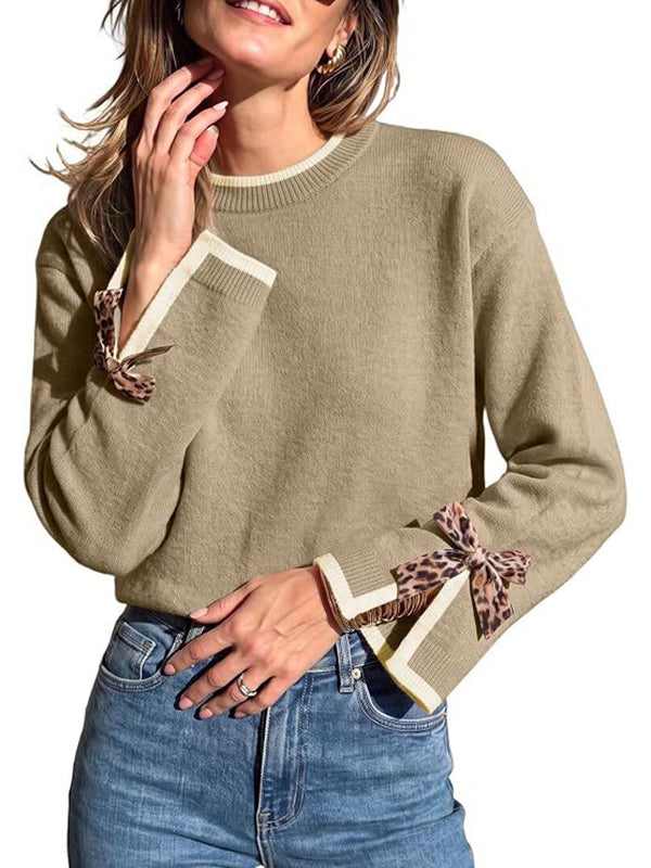 Women Contrast Trim Sweater with Leopard Bow Cuffs