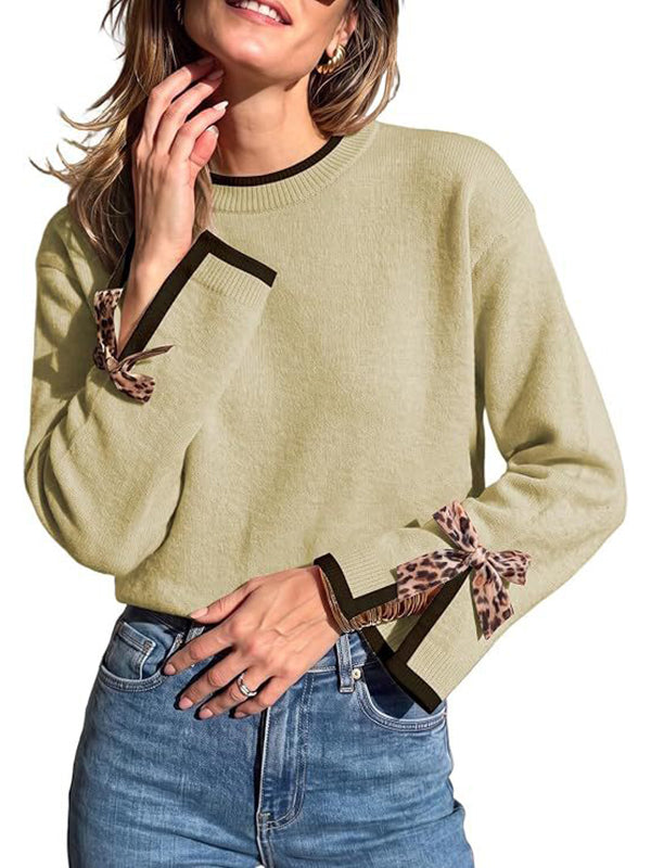 Women Contrast Trim Sweater with Leopard Bow Cuffs