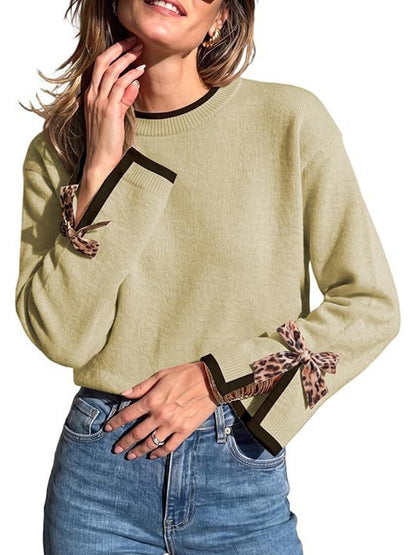 Women Contrast Trim Sweater with Leopard Bow Cuffs