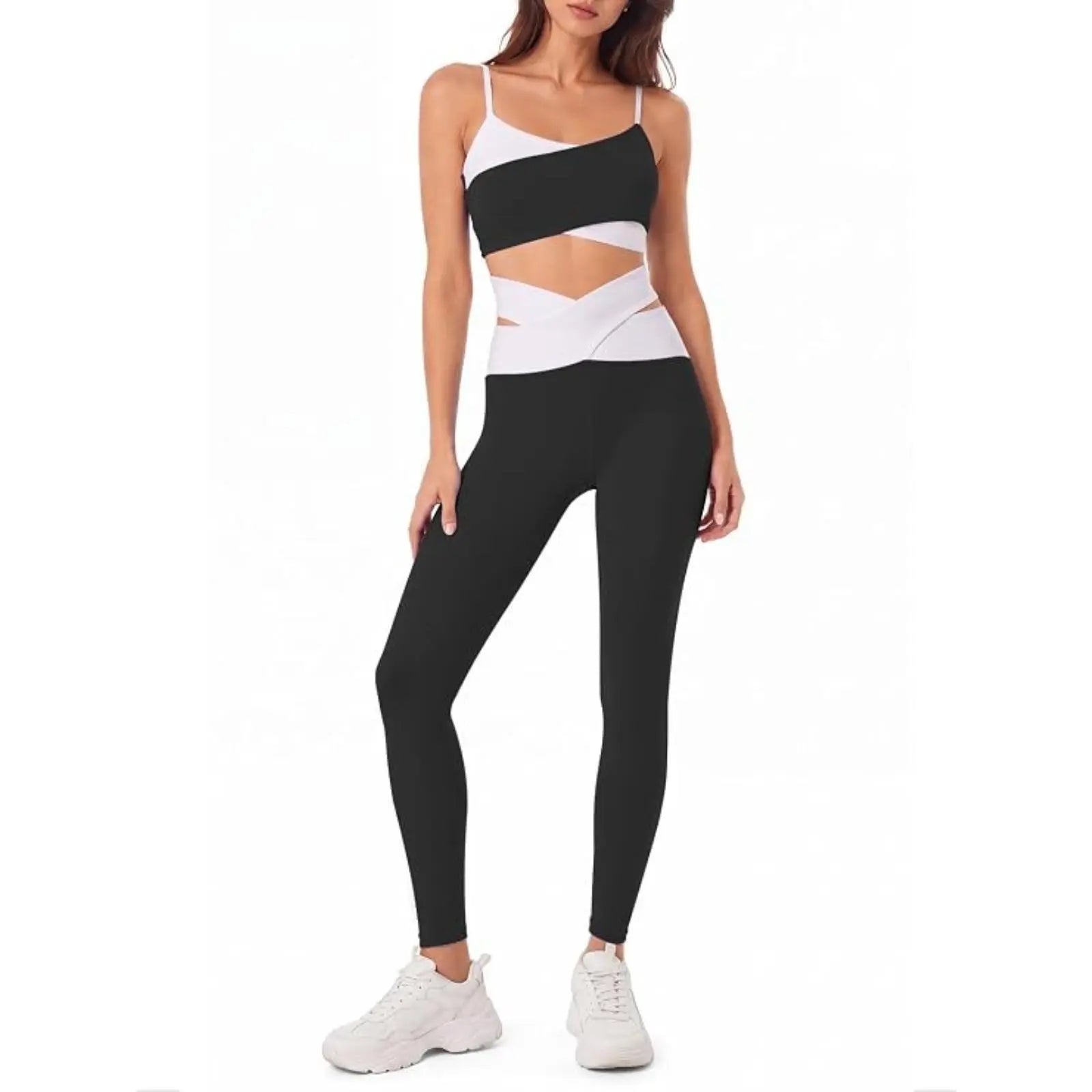 Women's Workout Sets, 2-Piece Fitness Clothing with Padded Sports Bras & Crossover High-Waisted Leggings