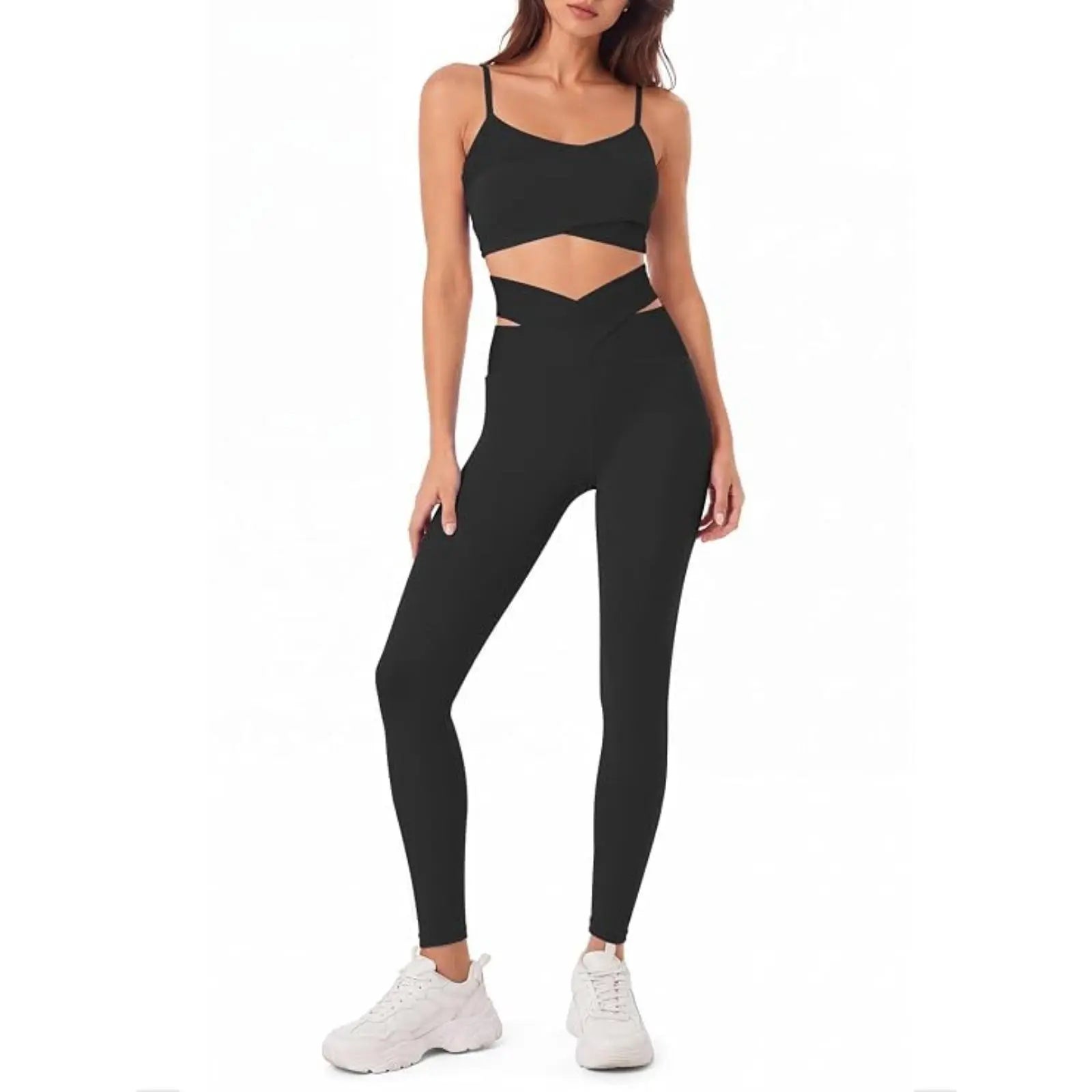 Women's Workout Sets, 2-Piece Fitness Clothing with Padded Sports Bras & Crossover High-Waisted Leggings