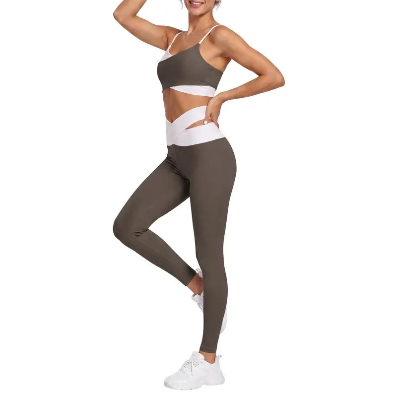 Women's Workout Sets, 2-Piece Fitness Clothing with Padded Sports Bras & Crossover High-Waisted Leggings