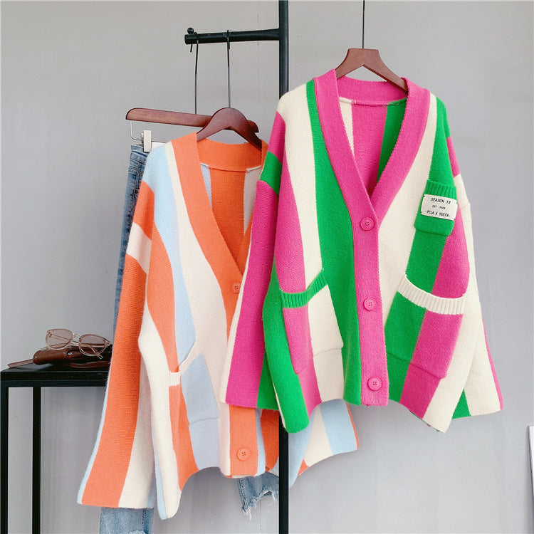 Women's long-sleeved cable knit color-blocked bohemian striped cardigan