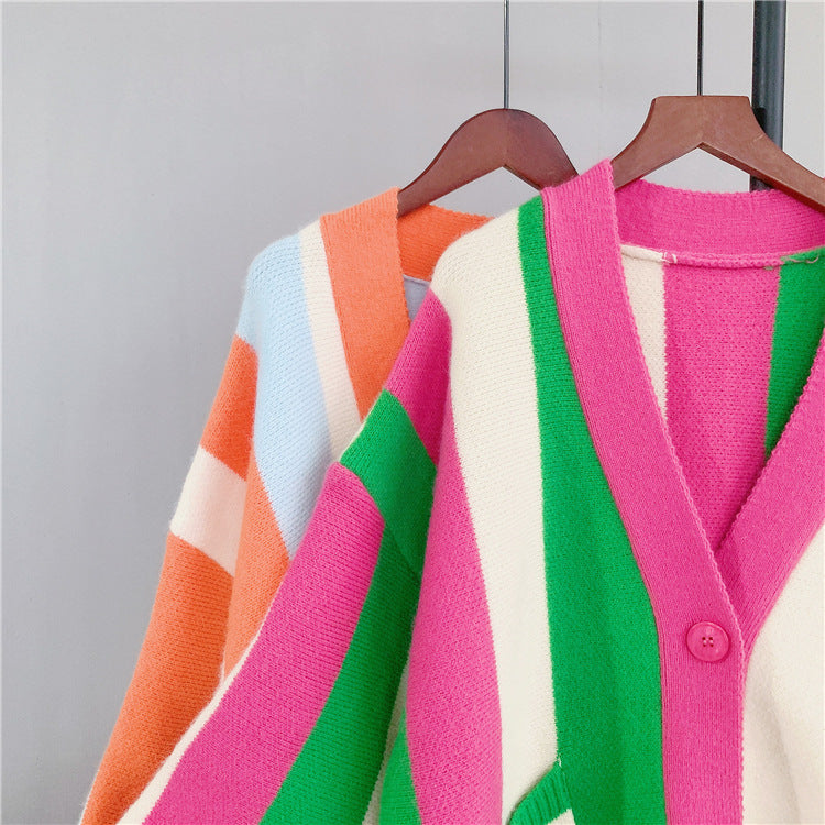 Women's long-sleeved cable knit color-blocked bohemian striped cardigan