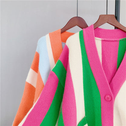 Women's long-sleeved cable knit color-blocked bohemian striped cardigan