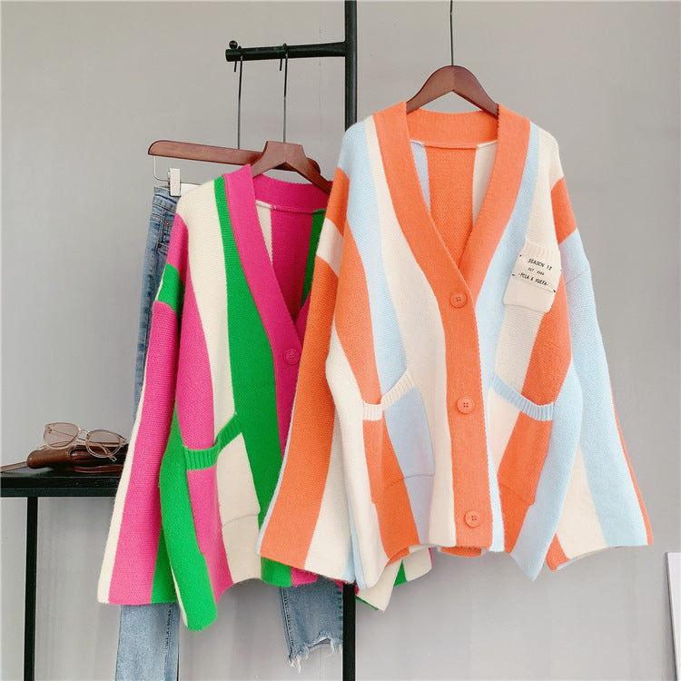 Women's long-sleeved cable knit color-blocked bohemian striped cardigan