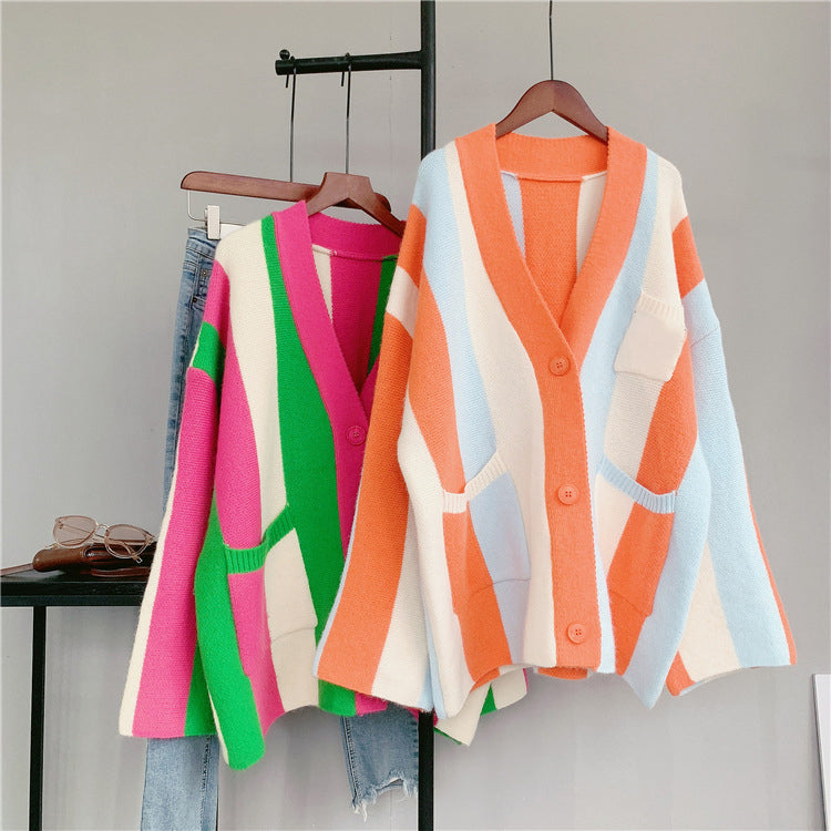 Women's long-sleeved cable knit color-blocked bohemian striped cardigan