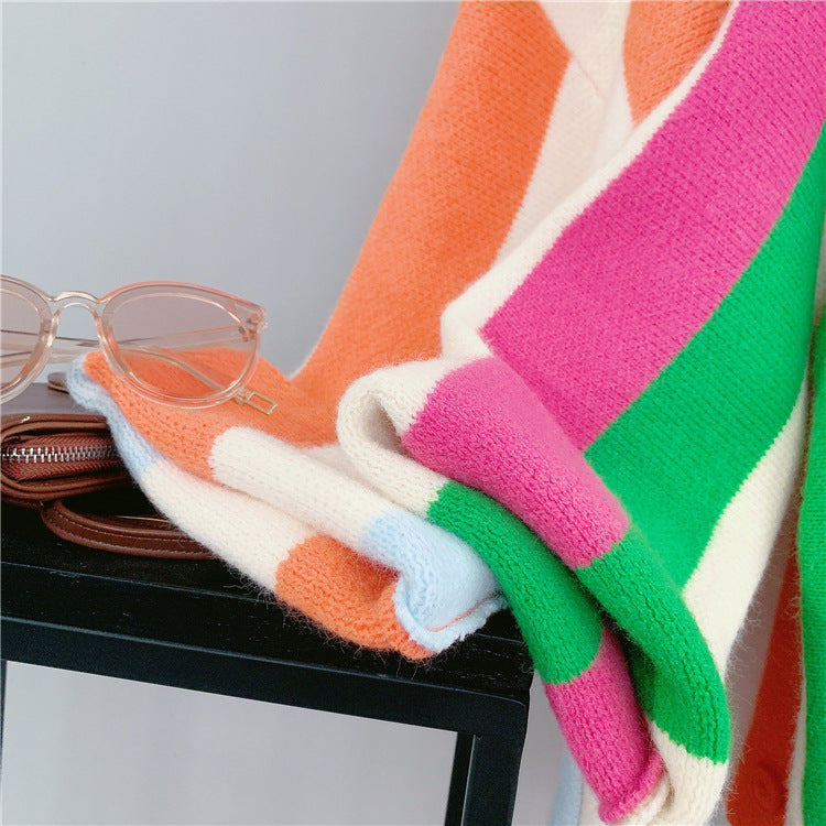 Women's long-sleeved cable knit color-blocked bohemian striped cardigan