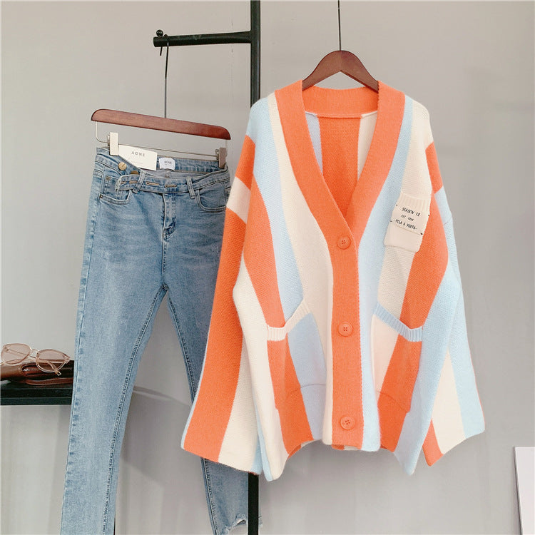Women's long-sleeved cable knit color-blocked bohemian striped cardigan