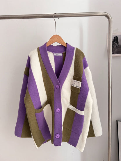 Women's long-sleeved cable knit color-blocked bohemian striped cardigan