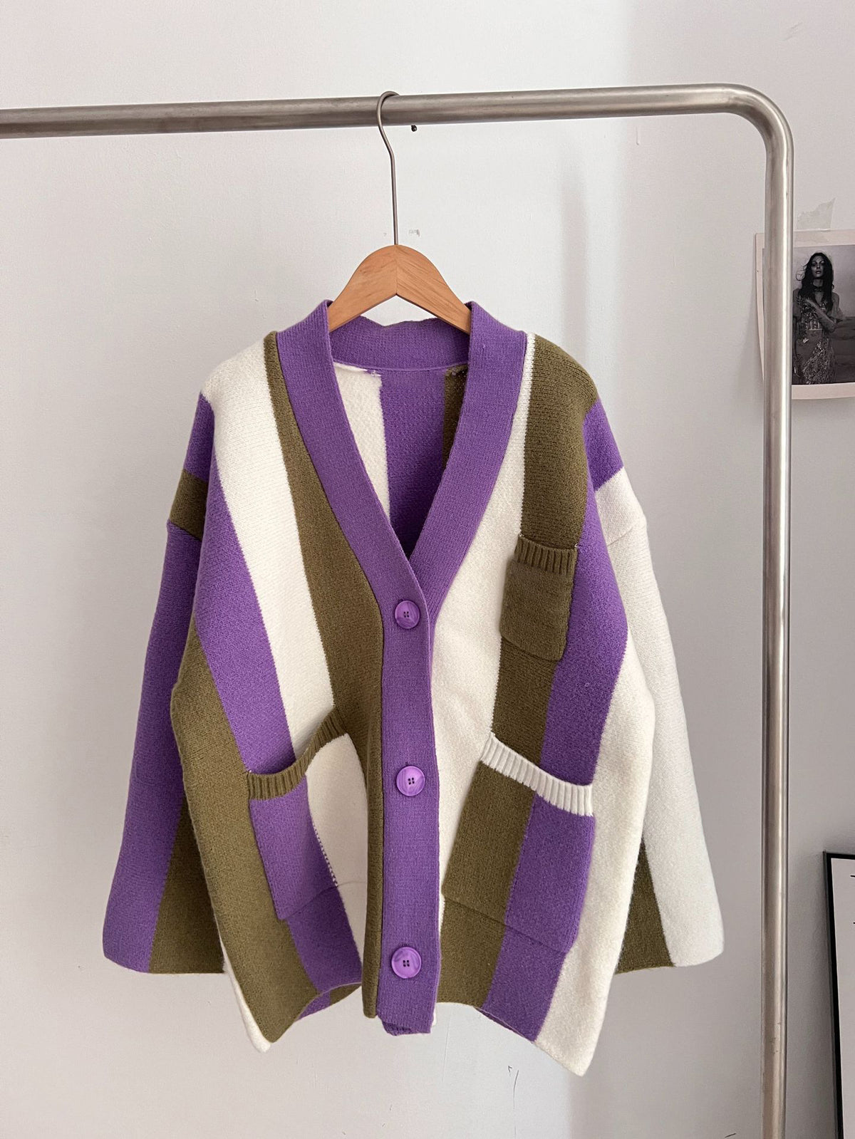 Women's long-sleeved cable knit color-blocked bohemian striped cardigan