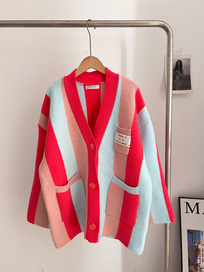 Women's long-sleeved cable knit color-blocked bohemian striped cardigan