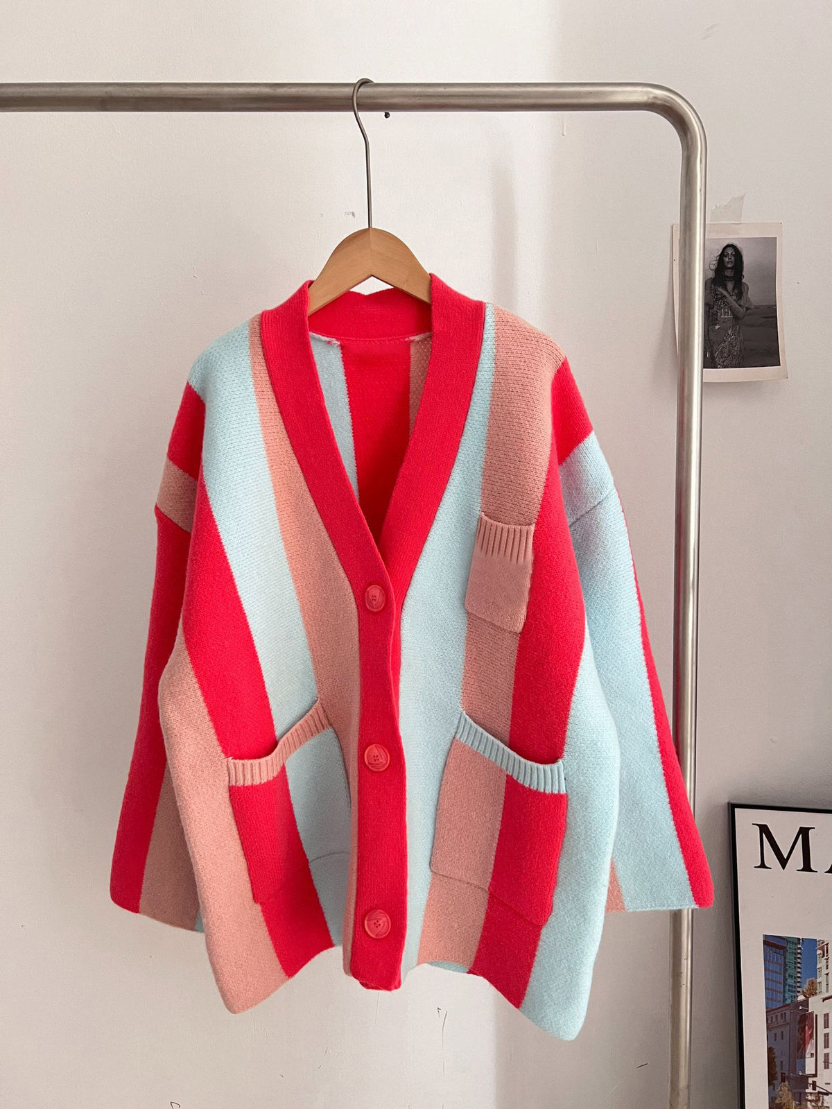 Women's long-sleeved cable knit color-blocked bohemian striped cardigan