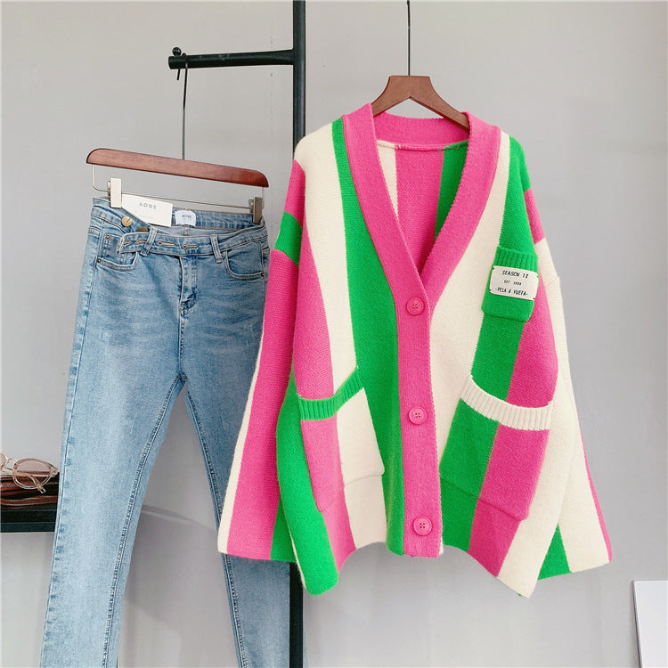 Women's long-sleeved cable knit color-blocked bohemian striped cardigan