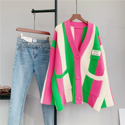 Women's long-sleeved cable knit color-blocked bohemian striped cardigan
