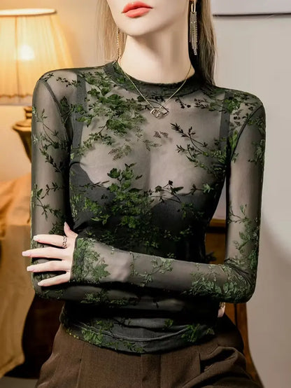 Women’s Sexy Sheer Flocked Mesh Crew Neck Waist-Cinching Base Layer Top