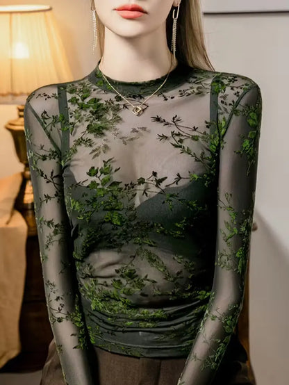 Women’s Sexy Sheer Flocked Mesh Crew Neck Waist-Cinching Base Layer Top