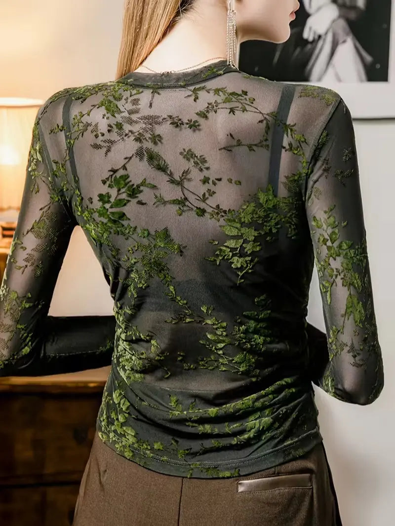Women’s Sexy Sheer Flocked Mesh Crew Neck Waist-Cinching Base Layer Top