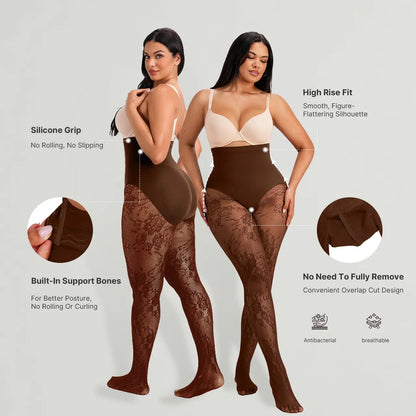 Women‘s High-Waist Shaping Tights with Floral Lace