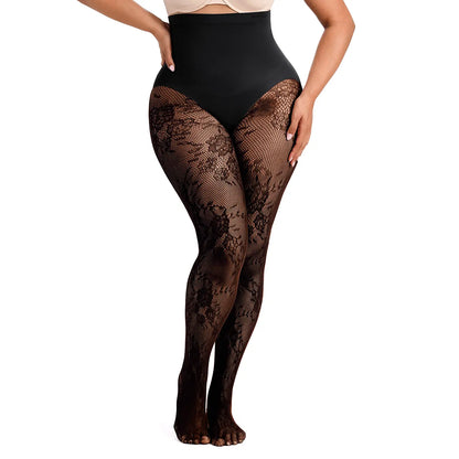 Women‘s High-Waist Shaping Tights with Floral Lace