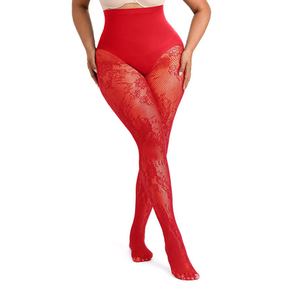 Women‘s High-Waist Shaping Tights with Floral Lace