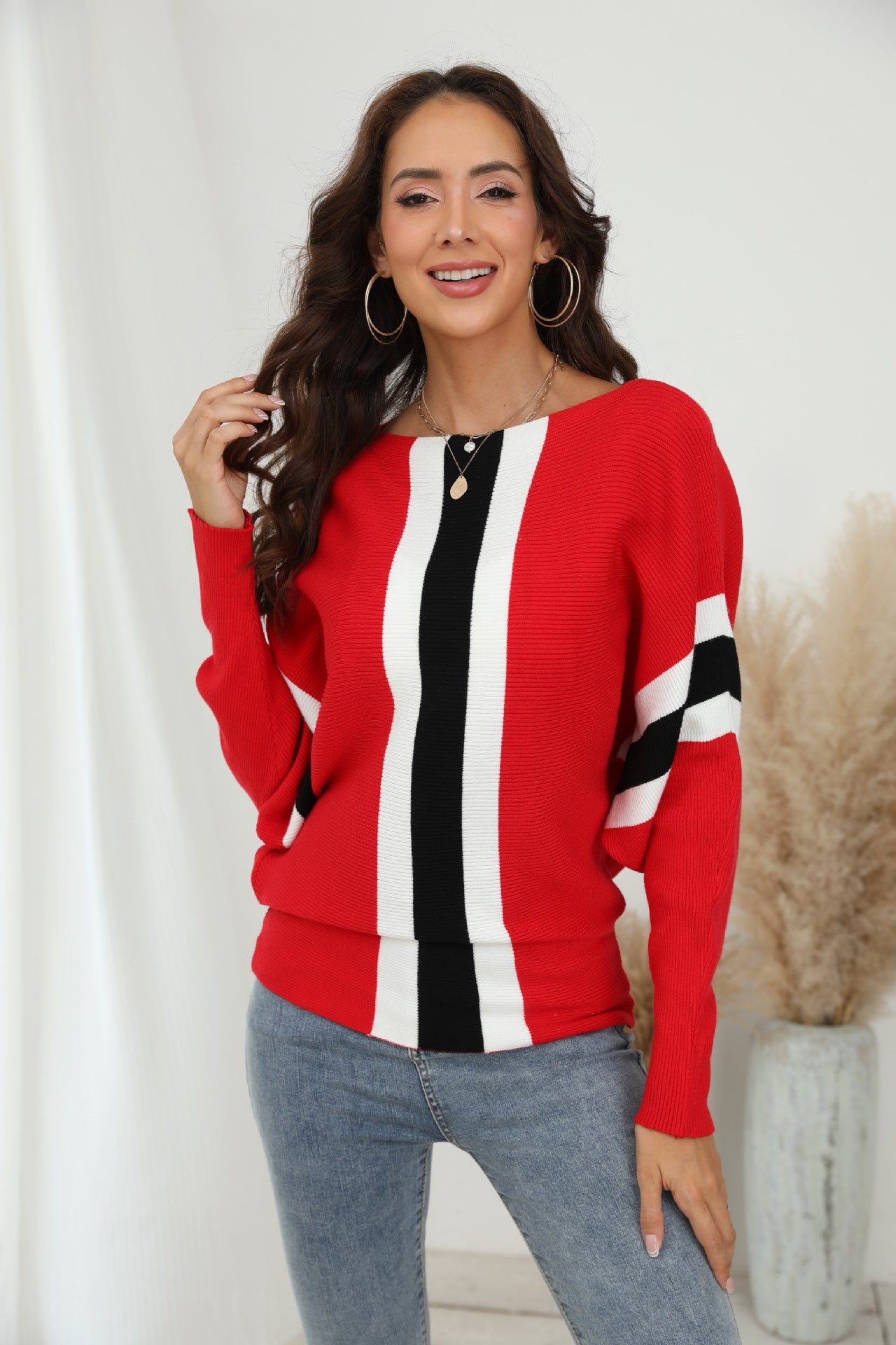 Off-the-shoulder batwing sleeve pullover ribbed loose sweater