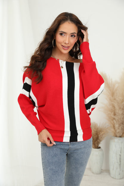 Off-the-shoulder batwing sleeve pullover ribbed loose sweater